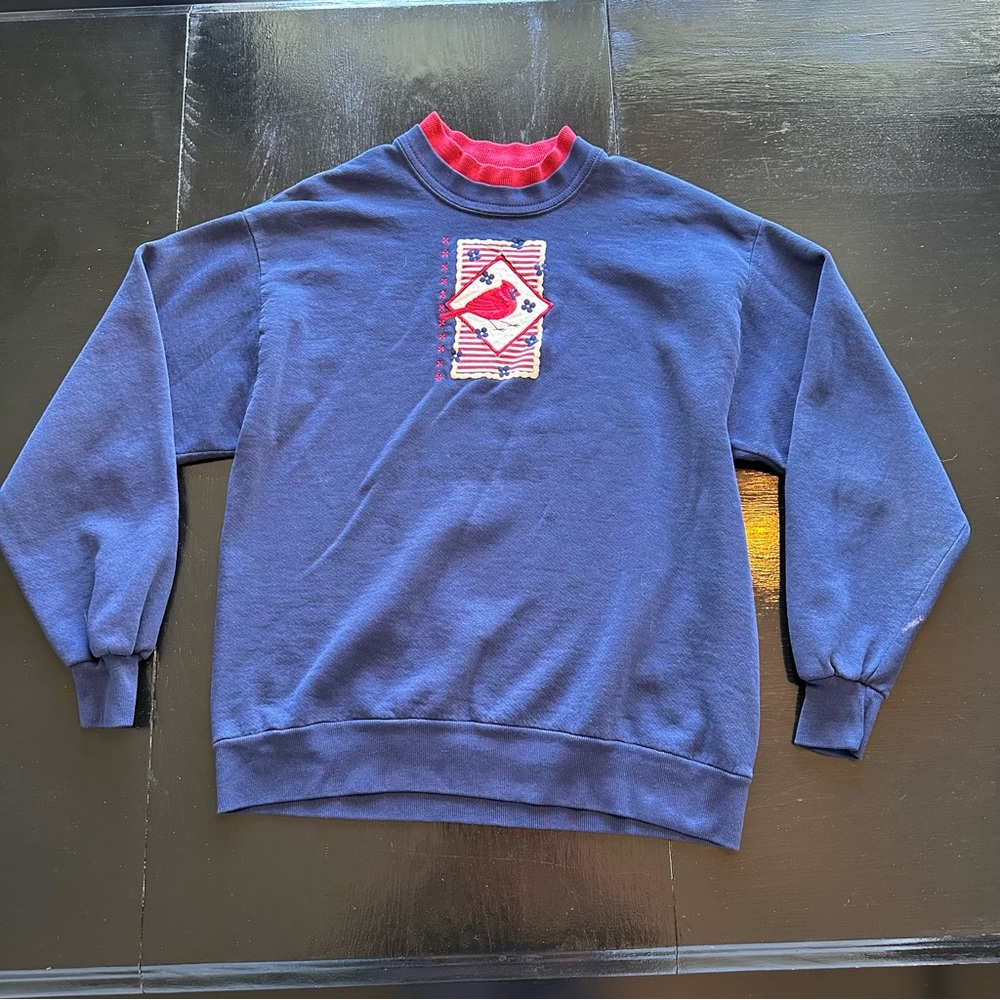 Vintage Large Blue Crewneck Cardinal Embroidered Red Birds 90s y2k grandma chic